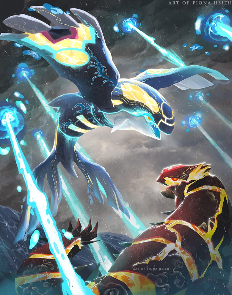 cloud cloudy_sky fighting_stance fiona_hsieh flying gen_3_pokemon groudon kyogre legendary_pokemon looking_at_another pokemon primal_groudon primal_kyogre rain red_eyes sharp_teeth sky steam tail teeth watermark waves