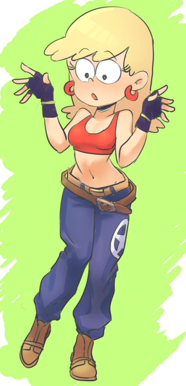 1girl belt blonde_hair blue_mary blue_mary_(cosplay) blue_pants cosplay fatal_fury fingerless_gloves full_body gloves highres kaze_fukeba_nanashi leni_loud long_hair loose_belt pants solo the_king_of_fighters the_loud_house