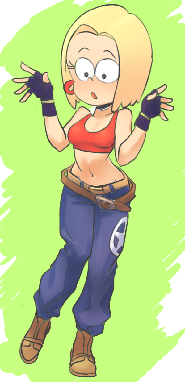 1girl alternate_hair_length alternate_hairstyle belt blonde_hair blue_mary blue_mary_(cosplay) blue_pants cosplay fatal_fury fingerless_gloves full_body gloves highres kaze_fukeba_nanashi leni_loud loose_belt open_mouth pants short_hair solo the_king_of_fighters the_loud_house