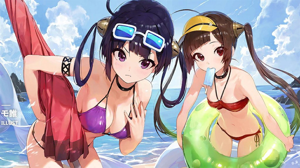 2girls ahoge armpits azur_lane bare_arms bare_shoulders beach_umbrella bent_over bikini black_choker black_hair breasts brown_hair choker cleavage day food frown hair_ornament hair_rings halter_top halterneck hand_on_own_chest innertube long_hair looking_at_viewer medium_breasts mossi mouth_hold multiple_girls ning_hai_(azur_lane) ning_hai_(summer_hunger)_(azur_lane) ocean official_alternate_costume official_art outdoors ping_hai_(azur_lane) ping_hai_(merry_summer)_(azur_lane) popsicle purple_bikini purple_eyes red_bikini red_eyes side-tie_bikini small_breasts standing string_bikini swimsuit thighs twintails umbrella v-shaped_eyebrows visor_cap wading water