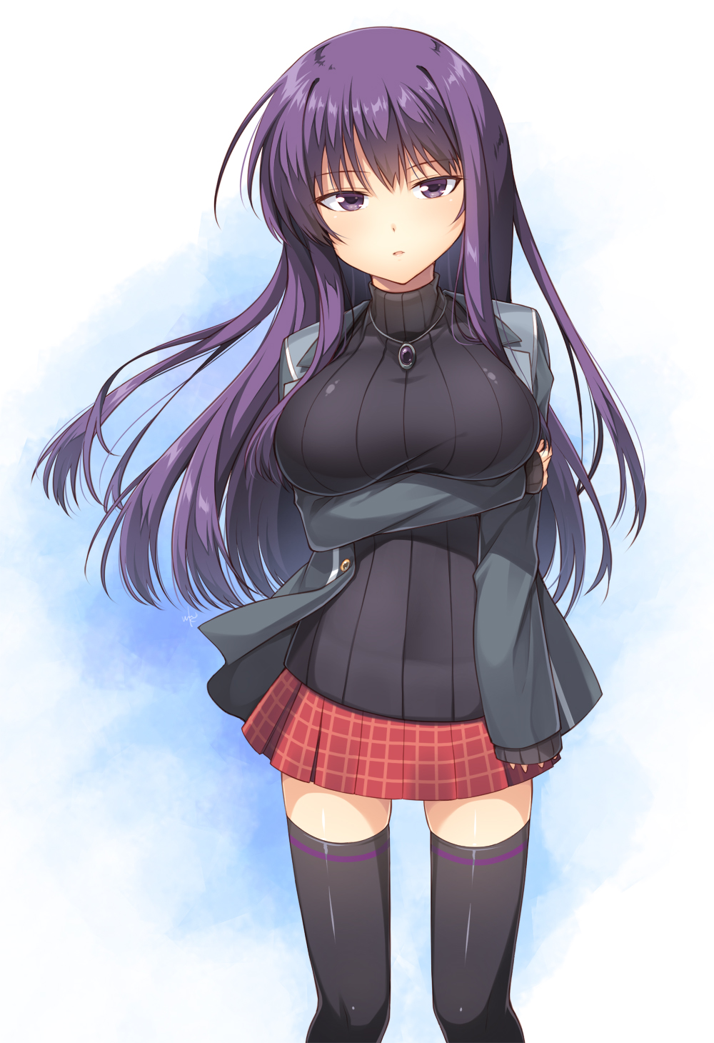 1girl arm_under_breasts black_sweater breast_hold breasts casual contemporary cowboy_shot eyebrows_visible_through_hair highres hourai_susugu large_breasts long_hair looking_at_viewer malariya purple_eyes purple_hair quiz_magic_academy ribbed_sweater single_horizontal_stripe solo sweater thighhighs