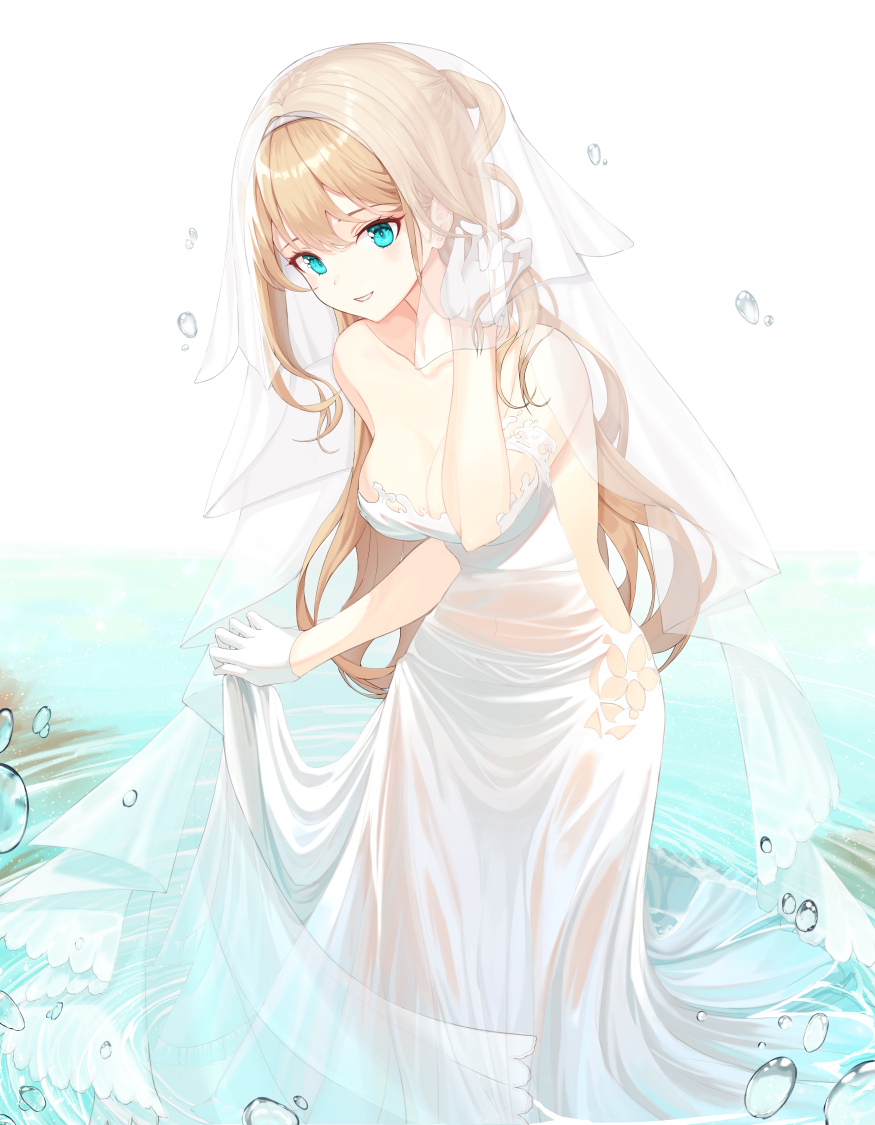 1girl backless_dress backless_outfit bare_shoulders blue_eyes breasts bridal_veil cleavage collarbone dress girls'_frontline gloves light_brown_hair long_hair medium_breasts official_alternate_costume partially_submerged solo suomi_kp31_(girls_frontline) tmtl_aos veil very_long_hair wedding_dress wet wet_clothes wet_dress white_gloves