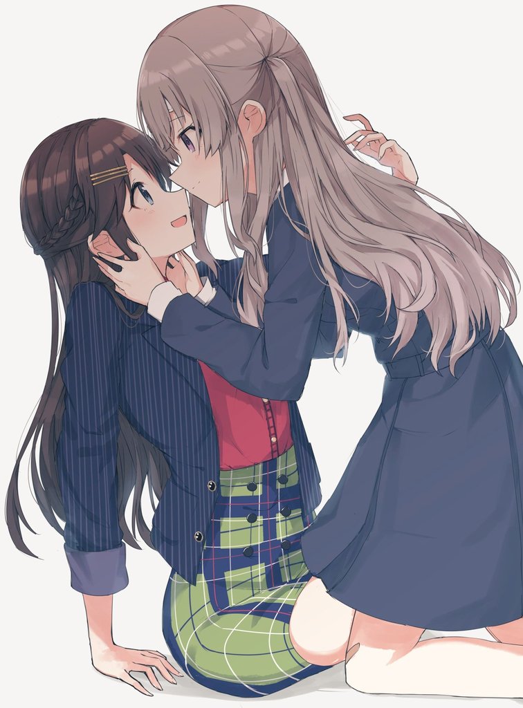 2girls arm_support bangs bare_legs blue_dress blue_eyes blue_jacket blush brown_hair buttons commentary_request dress green_skirt grey_hair hair_ornament hands_on_another's_cheeks hands_on_another's_face hanetsuka idolmaster idolmaster_shiny_colors imminent_kiss jacket long_hair long_sleeves mitsumine_yuika multiple_girls open_mouth plaid plaid_skirt purple_eyes red_shirt serious shirt simple_background sitting skirt striped_jacket vertical-striped_jacket white_background yuri yuukoku_kiriko