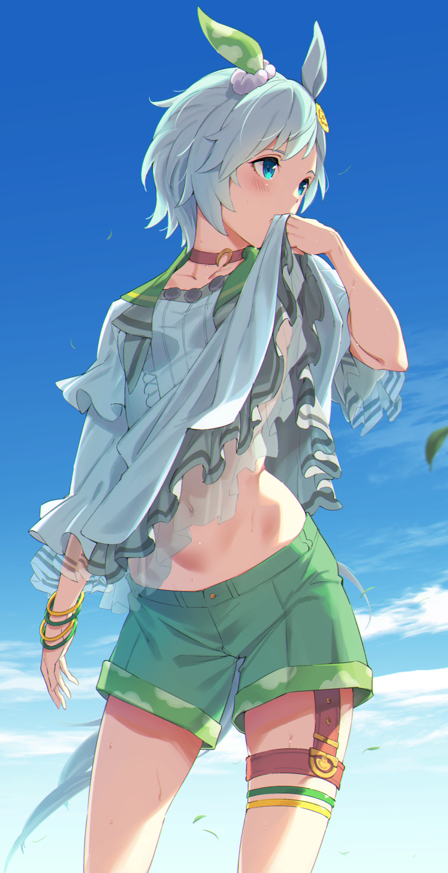 1girl animal_ears blue_eyes blue_hair blue_shirt blue_sky blush bracelet choker clothes_lift cloud commentary_request day green_shorts highres horse_ears horse_girl horse_tail jewelry leg_garter lifted_by_self looking_to_the_side navel red_choker revision seiun_sky_(umamusume) shirt shirt_lift short_hair shorts sky solo standing stomach sugarbeat tail thighs umamusume