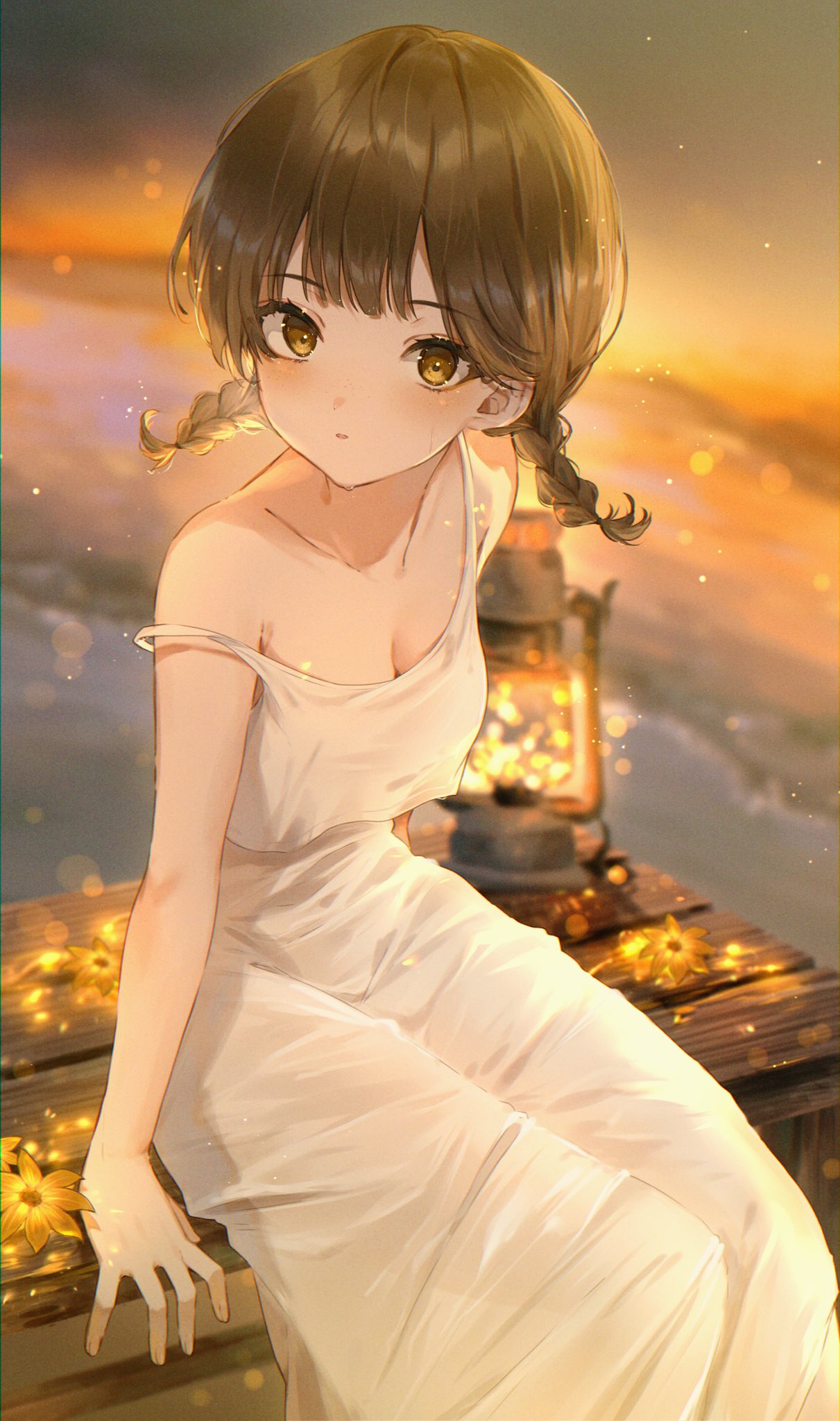 1girl arm_support bangs bare_shoulders blunt_bangs blurry breasts brown_eyes brown_hair collarbone copyright_request depth_of_field dress eyebrows_visible_through_hair flower harui_(hr_x9_) highres lantern looking_at_viewer medium_hair parted_lips sitting small_breasts solo strap_slip wet wet_clothes white_dress