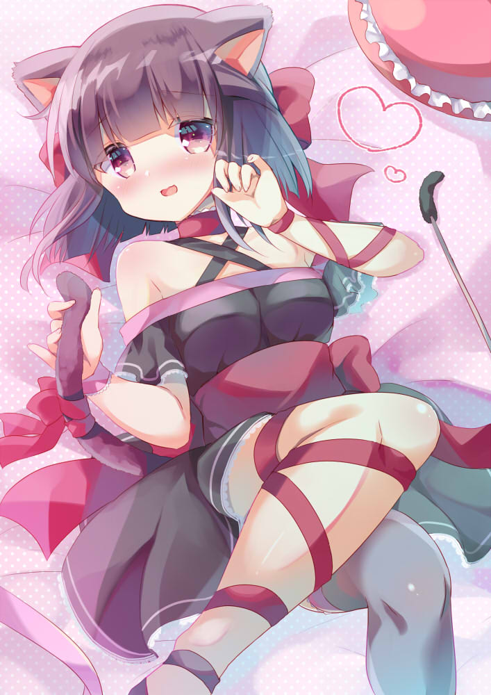 1girl animal_ears bangs bare_shoulders bed_sheet black_dress black_hair blush bow breasts cat_ears cat_girl cat_tail cat_teaser commentary commission dress eyebrows_visible_through_hair feet_out_of_frame frills grey_legwear heart kuriyuzu_kuryuu lying medium_breasts off-shoulder_dress off_shoulder on_back open_mouth original red_bow red_eyes red_ribbon ribbon single_thighhigh skeb_commission solo tail tail_bow tail_ornament tail_raised thighhighs