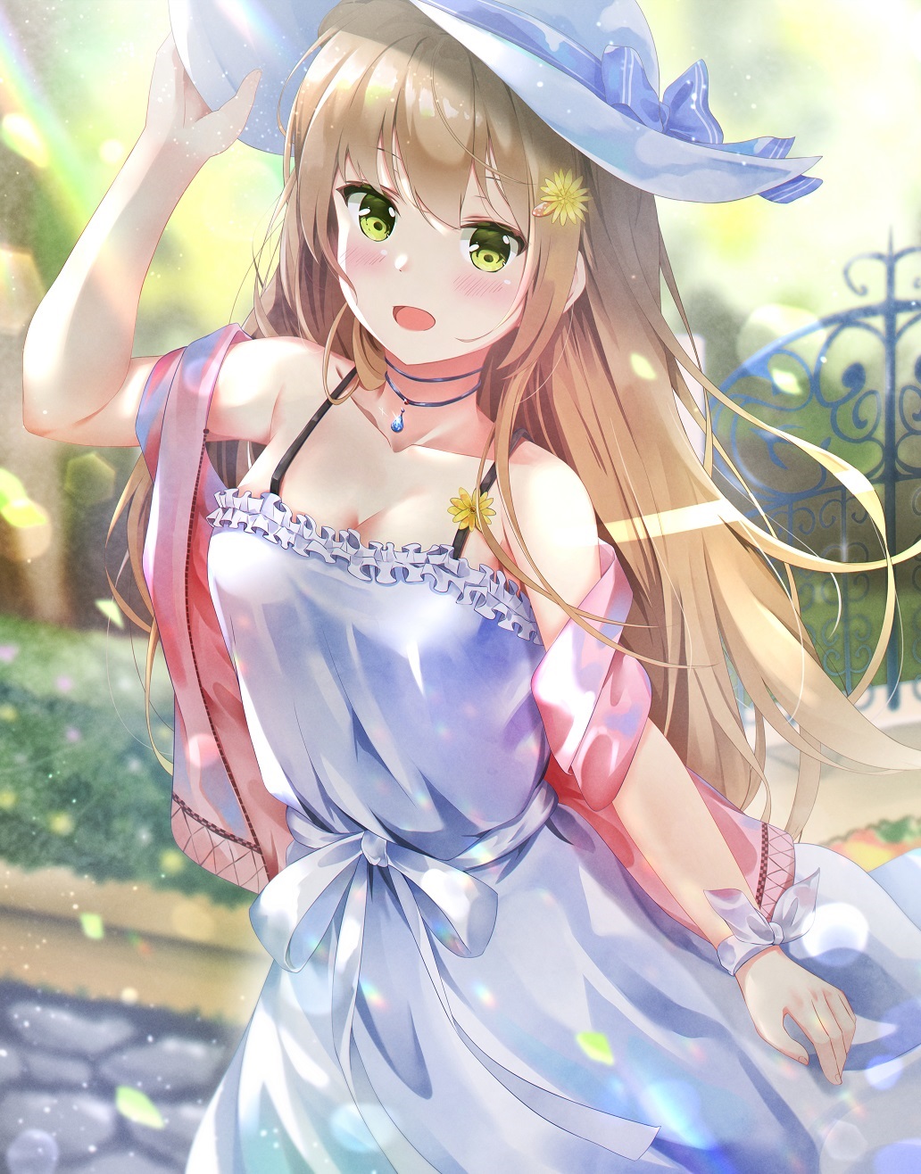 1girl adjusting_clothes adjusting_headwear arm_up bangs blonde_hair blue_ribbon blurry bokeh breasts bush cleavage cobblestone commentary cowboy_shot dappled_sunlight depth_of_field dress flower gate girls'_frontline green_eyes hair_flower hair_ornament hat hat_ribbon highres jacket long_hair looking_at_viewer medium_breasts off_shoulder open_mouth outdoors pink_jacket rfb_(girls_frontline) ribbon smile spaghetti_strap sun_hat sundress sunlight tree u.b_m1s2s white_dress white_headwear yellow_flower