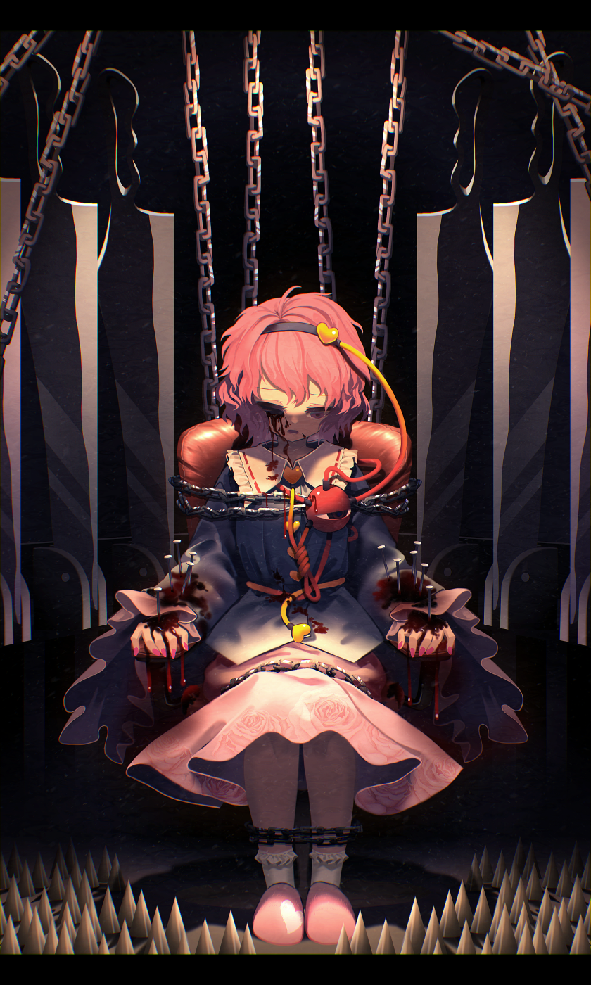 1girl akaiha_(akaihasugk) blade blood bloody_tears blouse blue_blouse chain chained cleaver commission dark_background eyeball floral_print full_body guro hairband heart heart_print highres komeiji_satori letterboxed looking_down missing_eye nail nail_polish pink_hair pink_nails pink_skirt ryona short_hair sitting skeb_commission skirt slippers solo spikes third_eye torture touhou