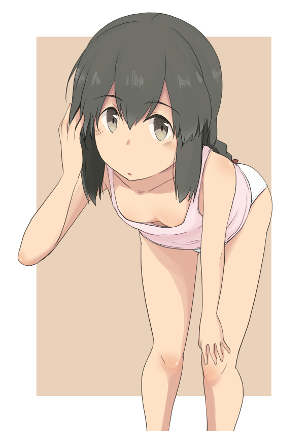 1girl black_eyes black_hair border braid breasts brown_background camisole commentary_request feet_out_of_frame hair_between_eyes isonami_(kancolle) kantai_collection kugui_kiyunemu leaning_forward long_hair looking_at_viewer panties pink_camisole sidelocks small_breasts solo two-tone_background underwear underwear_only white_border white_panties