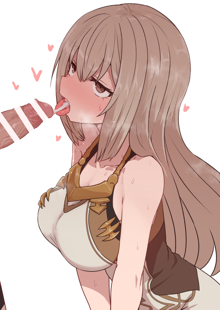 1girl aim_(megido72) bar_censor bare_arms bare_shoulders blush breasts brown_eyes brown_hair censored collarbone cum cum_in_mouth dress ejaculation erection heart jitome large_breasts long_hair looking_up megido72 nose_blush open_mouth penis simple_background sleeveless sleeveless_dress solo sumiyao_(amam) sweat tongue tongue_out upper_body v_arms white_background