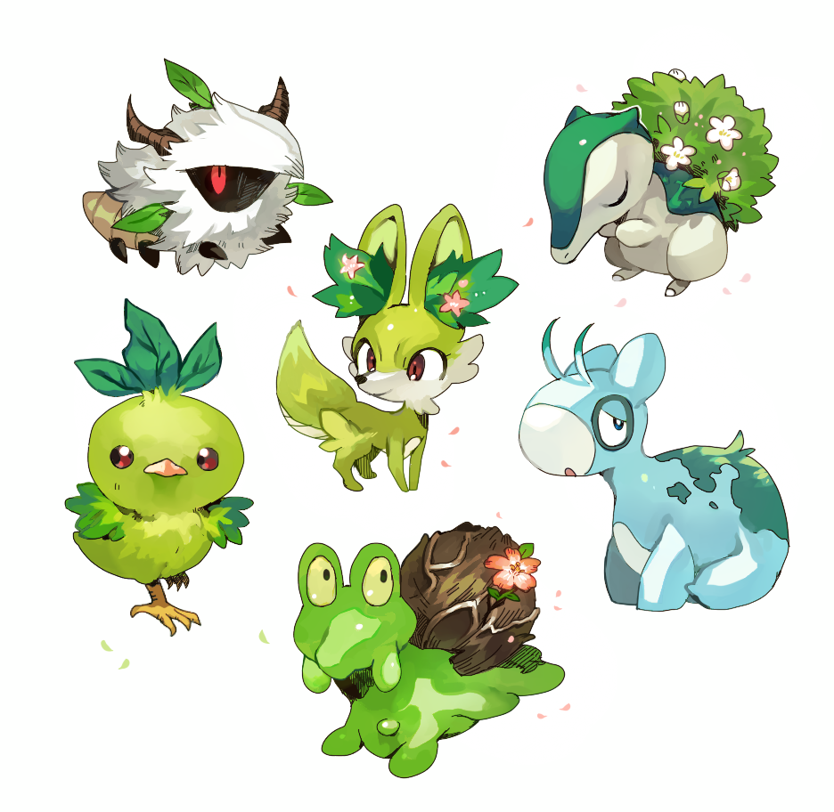 alternate_color alternate_element animal_ear_fluff antennae black_eyes blue_eyes brown_eyes closed_eyes closed_mouth colored_sclera commentary_request cyndaquil fennekin flower full_body gen_2_pokemon gen_3_pokemon gen_5_pokemon gen_6_pokemon grass green_eyes half-closed_eyes happy larvesta looking_at_viewer looking_back magcargo newo_(shinra-p) no_humans numel open_mouth petals pink_flower pokemon pokemon_(creature) red_eyes red_sclera simple_background smile standing starter_pokemon torchic white_background white_flower yellow_sclera