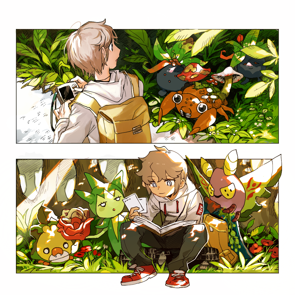 1boy backpack bag bangs blonde_hair book bright_pupils camera commentary_request dustox forest gen_1_pokemon gen_3_pokemon gen_5_pokemon grey_eyes holding holding_camera hood hood_down hoodie looking_to_the_side male_focus mushroom nature newo_(shinra-p) oddish outdoors pants paras pokemon red_footwear roselia sewaddle shoes sitting tree white_hoodie white_pupils yellow_bag