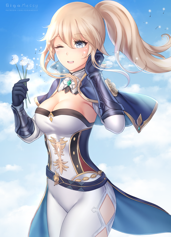 1girl ;d bangs belt blonde_hair blue_belt blue_capelet blue_eyes blue_gloves blue_sky breasts capelet cleavage cloud commentary corset cowboy_shot dandelion day detached_collar detached_sleeves eyebrows_visible_through_hair flower genshin_impact gigamessy gloves hair_between_eyes hand_up holding holding_flower jean_gunnhildr large_breasts leggings long_hair one_eye_closed open_mouth pants ponytail sky smile solo standing strapless thighs white_pants