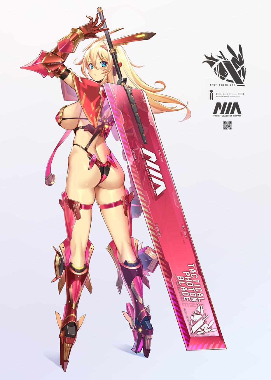 1girl armor ass bikini_armor blonde_hair blue_eyes boots breasts from_behind gauntlets greatsword high_heel_boots high_heels highres holding holding_sword holding_weapon large_breasts logo long_hair mechanical_ears nadare-san_(nadare3nwm) original sideboob solo sword weapon