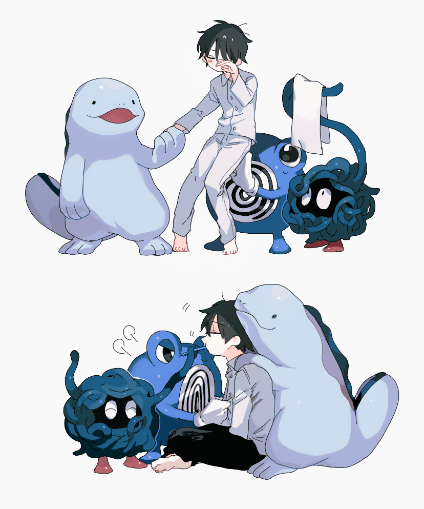 1boy bangs barefoot black_hair black_pants blush buttons closed_eyes collared_shirt commentary_request gen_1_pokemon gen_2_pokemon hand_up holding holding_hand holding_towel long_sleeves male_focus multiple_views newo_(shinra-p) pajamas pants pokemon poliwhirl quagsire shirt short_hair simple_background sitting sleepy standing tangela toes towel white_background white_pants white_shirt