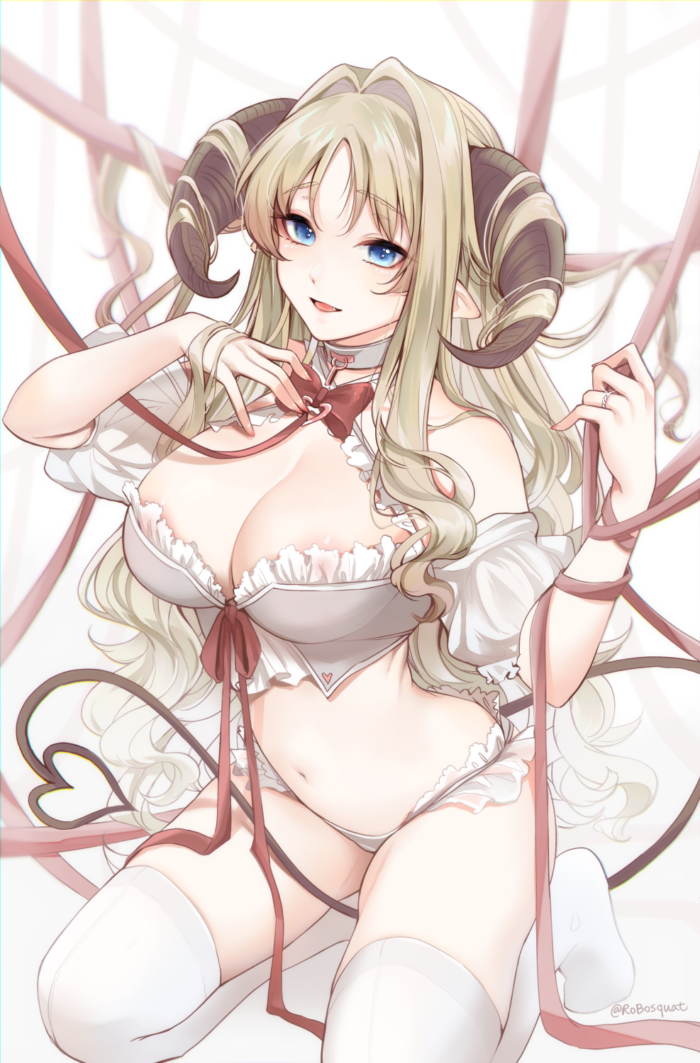 1girl :d areola_slip areolae bangs bare_shoulders blonde_hair blue_eyes bow bowtie bra breasts cleavage collar commentary_request darling_in_the_franxx demon_girl demon_horns demon_tail detached_sleeves eyebrows_visible_through_hair fang frilled_bra frilled_panties frills grey_bra grey_panties hair_intakes heart highres horns jewelry kneeling kokoro_(darling_in_the_franxx) kyarotto_(zenkixd) large_breasts leash long_hair navel no_shoes open_mouth panties parted_bangs pointy_ears puffy_short_sleeves puffy_sleeves red_bow red_neckwear red_ribbon ribbon ring short_sleeves smile solo stomach tail thighhighs underwear underwear_only very_long_hair wavy_hair wedding_band white_legwear