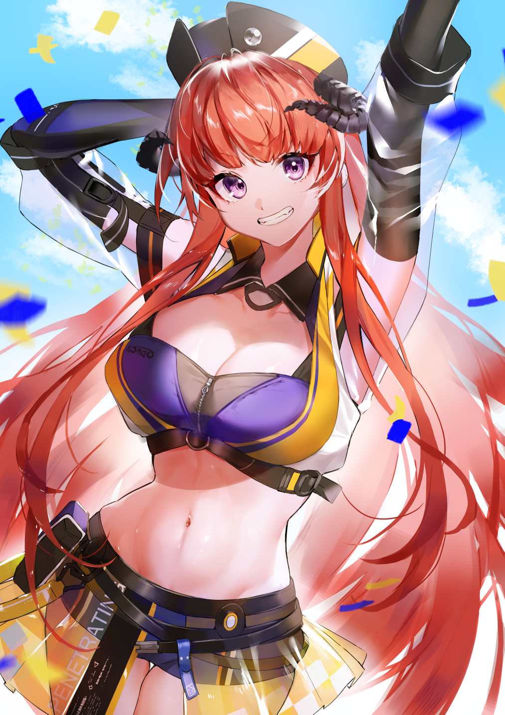 1girl arknights arms_up bagpipe_(arknights) bagpipe_(queen_no._1)_(arknights) bangs blue_sky breasts cleavage cloud commentary confetti cowboy_shot crop_top day elbow_gloves eyebrows_visible_through_hair gloves grin hat head_tilt highres horns ichibi large_breasts long_hair long_sleeves looking_at_viewer midriff navel official_alternate_costume orange_hair outdoors pouch purple_eyes see-through_sleeves short_shorts shorts sky smile solo standing stomach very_long_hair