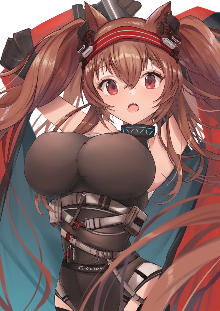 1girl angelina_(arknights) angelina_(distinguished_visitor)_(arknights) animal_ears arknights armpits arms_up bangs bare_shoulders belt black_leotard breasts brown_hair commentary fox_ears hair_between_eyes hairband large_breasts leotard long_hair looking_at_viewer official_alternate_costume open_mouth red_eyes red_hairband simple_background solo taut_clothes twintails upper_body very_long_hair white_background yuzuruka_(bougainvillea)