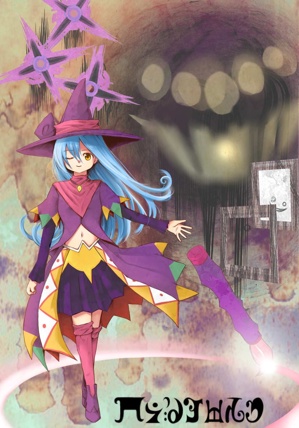 1girl ;) abstract_background blue_hair character_name commentary_request crossover drawcia drawcia_soul dual_persona eyebrows_visible_through_hair fouma full_body hat highres kirby_(series) long_hair long_sleeves madoka_runes magic_circle mahou_shoujo_madoka_magica midriff navel one_eye_closed outstretched_arm paintbrush painting_(object) parody personification pink_legwear purple_footwear purple_skirt robe skirt smile style_parody trait_connection translated witch witch_(madoka_magica) witch_hat yellow_eyes