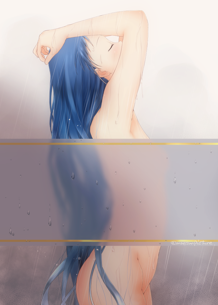 1girl arms_up bathing bathroom blue_hair blush breasts closed_eyes commentary_request completely_nude convenient_censoring from_side gradient_hair kantai_collection long_hair mae_(maesanpicture) multicolored_hair nude partial_commentary profile samidare_(kancolle) showering small_breasts solo standing steam transparent twitter_username very_long_hair water wet