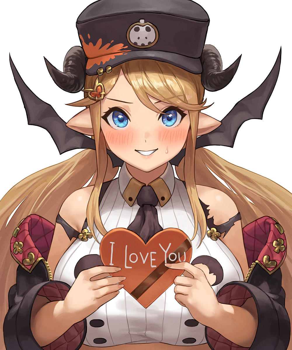 1girl black_horns black_neckwear blonde_hair blue_eyes blush breasts draph english_text eyebrows_visible_through_hair granblue_fantasy hair_ornament hallessena heart holding horns large_breasts long_hair long_sleeves looking_at_viewer necktie nhaliz off_shoulder parted_lips pointy_ears smile solo sweatdrop