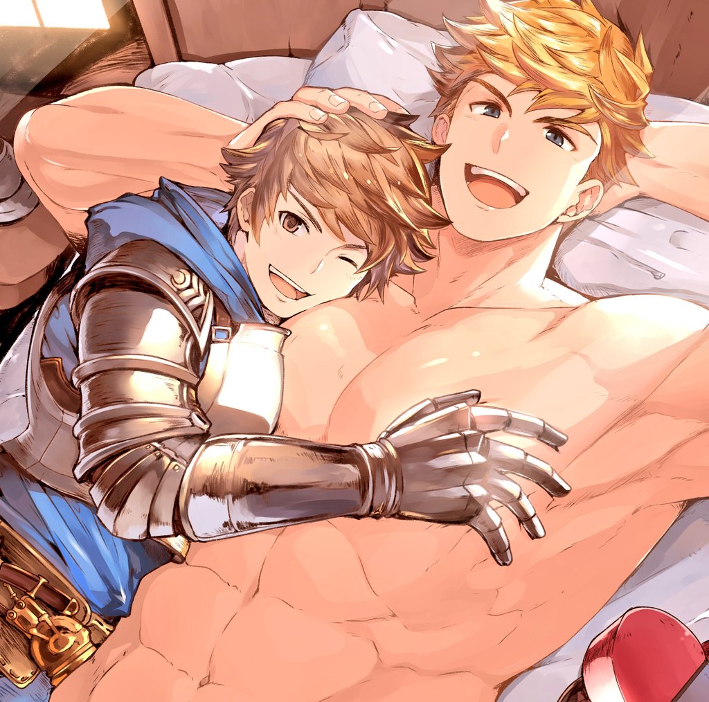 &gt;_o 2boys ;d abs alternate_pectoral_size arm_behind_head armor bangs bara bed belt blonde_hair blue_hoodie brown_eyes brown_hair commentary couple english_commentary face_to_pecs fighter_(granblue_fantasy) gauntlets gran_(granblue_fantasy) granblue_fantasy hand_on_another's_chest hand_on_another's_head hood hood_down hoodie hug large_pectorals looking_at_viewer lying lying_on_person male_focus mazjojo multiple_boys muscular muscular_male navel on_back on_bed on_person on_side one_eye_closed open_mouth pectoral_pillow pectorals pillow short_hair shoulder_armor smile teeth upper_body upper_teeth vane_(granblue_fantasy) white_day yaoi
