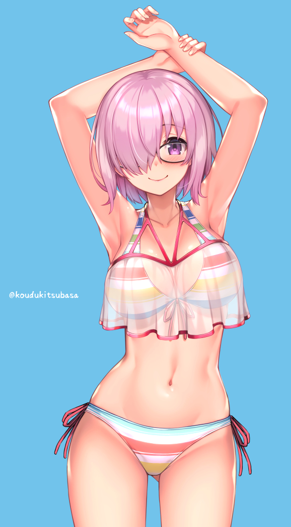 1girl armpits arms_up ass_visible_through_thighs bangs bare_shoulders bikini blush breasts cleavage collarbone fate/grand_order fate_(series) glasses hair_over_one_eye kouzuki_tsubasa_(musou_kaidou) large_breasts light_purple_hair looking_at_viewer mash_kyrielight multicolored multicolored_bikini multicolored_clothes navel purple_eyes rainbow_bikini sheer_clothes short_hair smile solo striped striped_bikini swimsuit swimsuit_of_perpetual_summer_ver.02 thighs