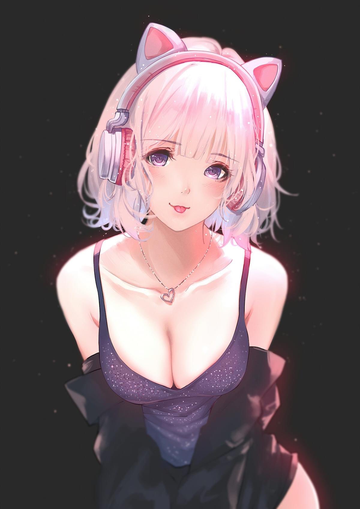 animal_ears caidychen cleavage headphones nekomimi no_bra tagme