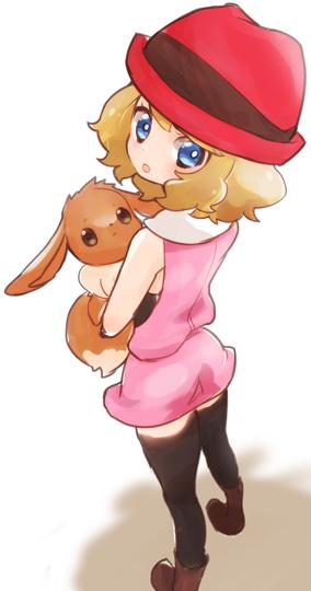 1girl black_legwear blonde_hair blue_eyes chorimokki eevee gen_1_pokemon hat looking_at_viewer open_mouth pokemon pokemon_(anime) pokemon_(creature) pokemon_(game) pokemon_xy serena_(pokemon) short_hair skirt sleeveless thighhighs