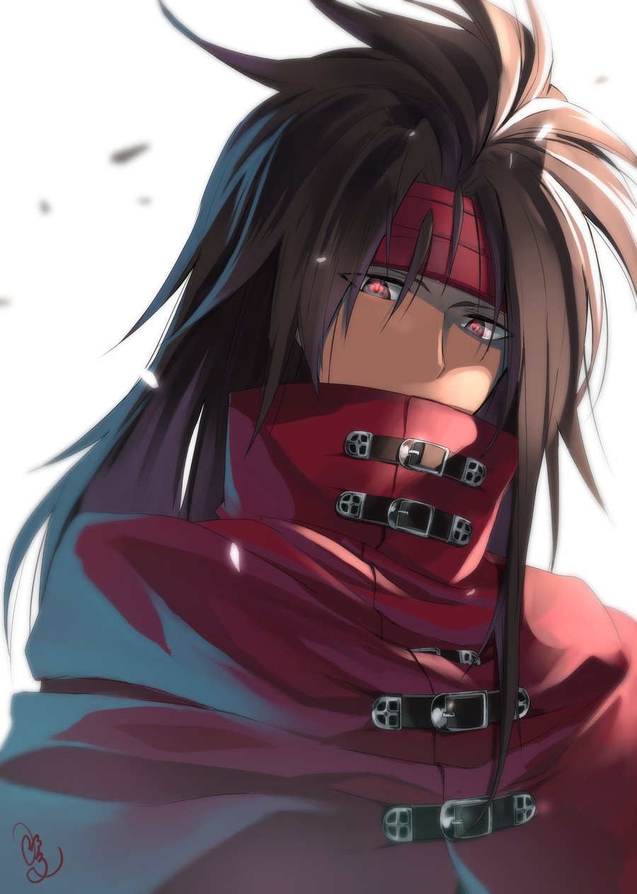 1boy black_hair cloak final_fantasy final_fantasy_vii hidden_mouth highres long_hair nanashiro_1813 red_eyes vincent_valentine white_background