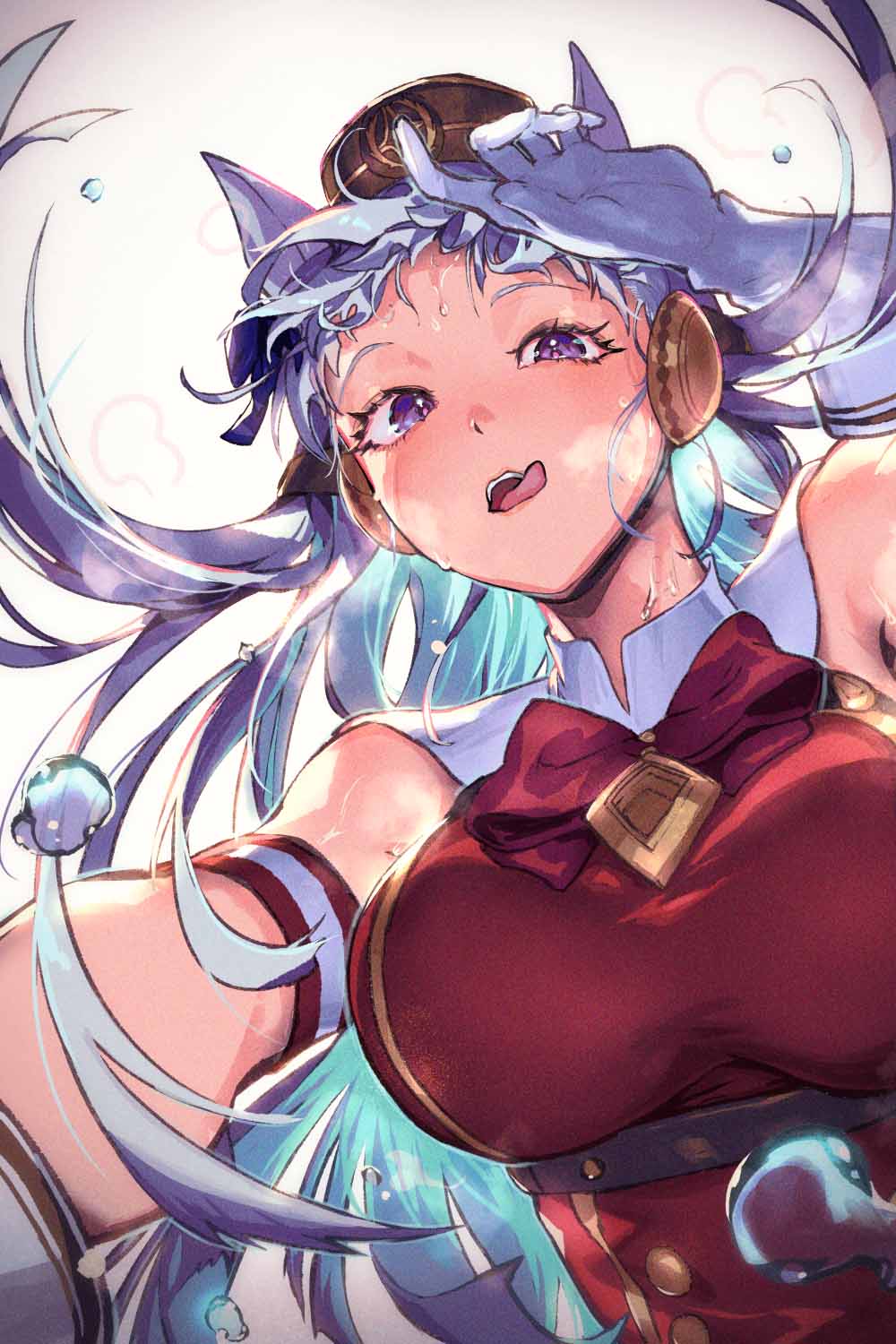 1girl animal_ears bangs bare_shoulders belt blush breasts dress gold_ship_(umamusume) hand_in_hair hanging_breasts hat highres horse_ears large_breasts long_hair looking_at_viewer nijimaarc open_mouth pillbox_hat purple_eyes red_dress solo steam steaming_body tongue tongue_out umamusume very_long_hair wet white_background white_hair
