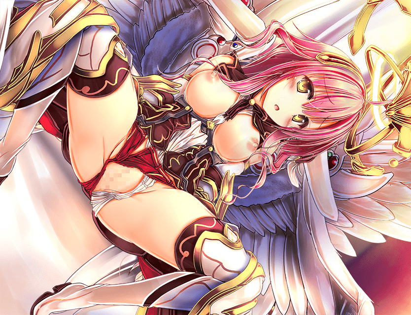 1girl ajishio blush boots breasts censored detached_sleeves dragon_providence dutch_angle feathered_wings game_cg long_hair looking_at_viewer medium_breasts micro_shorts mosaic_censoring nipples official_art open_clothes open_mouth open_shorts panties panties_aside pink_hair red_shorts shiny shiny_hair shorts shorts_aside sitting solo thigh_boots thighhighs underwear white_panties white_sleeves white_wings wings yellow_eyes