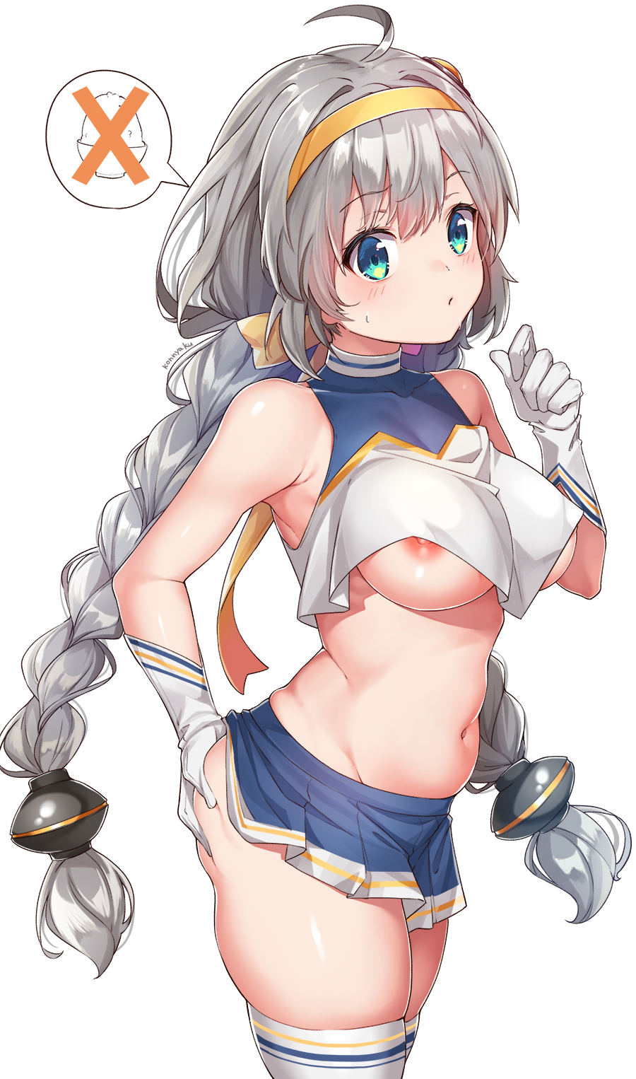 1girl ahoge aqua_eyes armpits bare_shoulders blue_skirt braid breasts commentary cowboy_shot crop_top crop_top_overhang gloves grey_hair groin hairband hand_on_own_ass hand_up highres kizuna_akari konnyaku_(kk-monmon) large_breasts long_hair looking_at_viewer microskirt midriff navel nipples no_bra pleated_skirt revealing_clothes shirt simple_background skindentation skirt sleeveless sleeveless_shirt solo spoken_object standing stomach sweatdrop thighhighs thighs twin_braids twintails underboob very_long_hair vocaloid voiceroid white_background white_gloves white_legwear white_shirt zettai_ryouiki