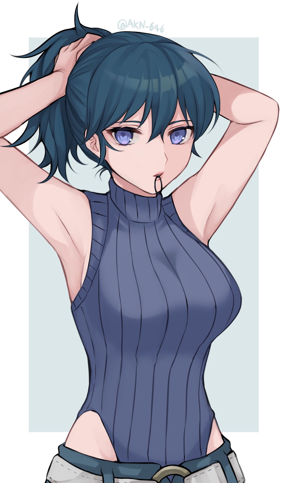 1girl alternate_hairstyle armpits arms_up artist_name bangs banned_artist bare_arms bare_shoulders blue_eyes blue_hair breasts byleth_(fire_emblem) byleth_(fire_emblem)_(female) commentary_request fire_emblem fire_emblem:_three_houses hair_between_eyes highres large_breasts ponytail shimizu_akina sleeveless solo turtleneck twitter_username upper_body