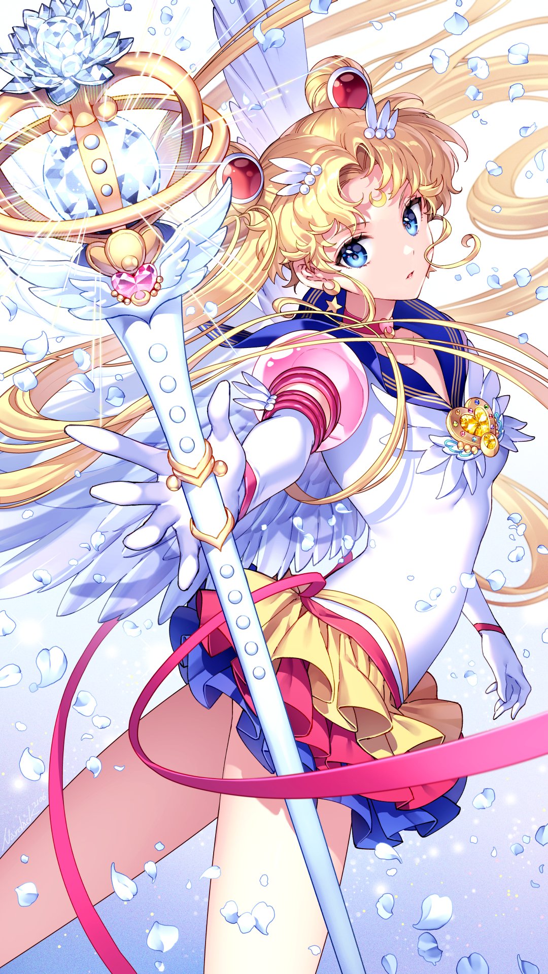1girl bishoujo_senshi_sailor_moon blonde_hair blue_background blue_sailor_collar commentary crescent crescent_facial_mark double_bun english_commentary eternal_sailor_moon eternal_tiare facial_mark forehead_mark gloves gradient gradient_background highres holding holding_staff long_hair looking_at_viewer magical_girl multicolored multicolored_clothes multicolored_skirt nardack sailor_collar sailor_moon sailor_senshi_uniform skirt solo staff thighs tsukino_usagi twintails very_long_hair white_background white_gloves