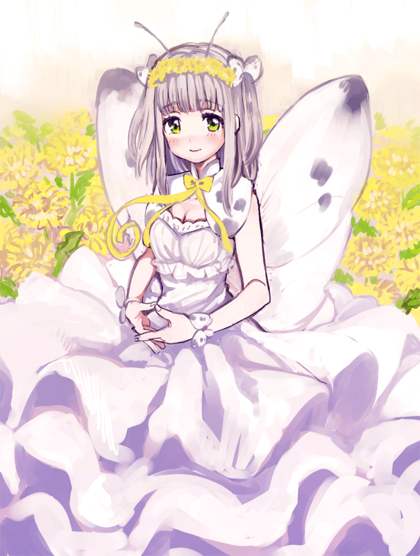 1girl amezawa_koma antennae breasts butterfly_costume butterfly_wings cleavage closed_mouth dress green_eyes grey_hair hairband interlocked_fingers long_hair looking_at_viewer original own_hands_together smile solo two_side_up white_dress wings