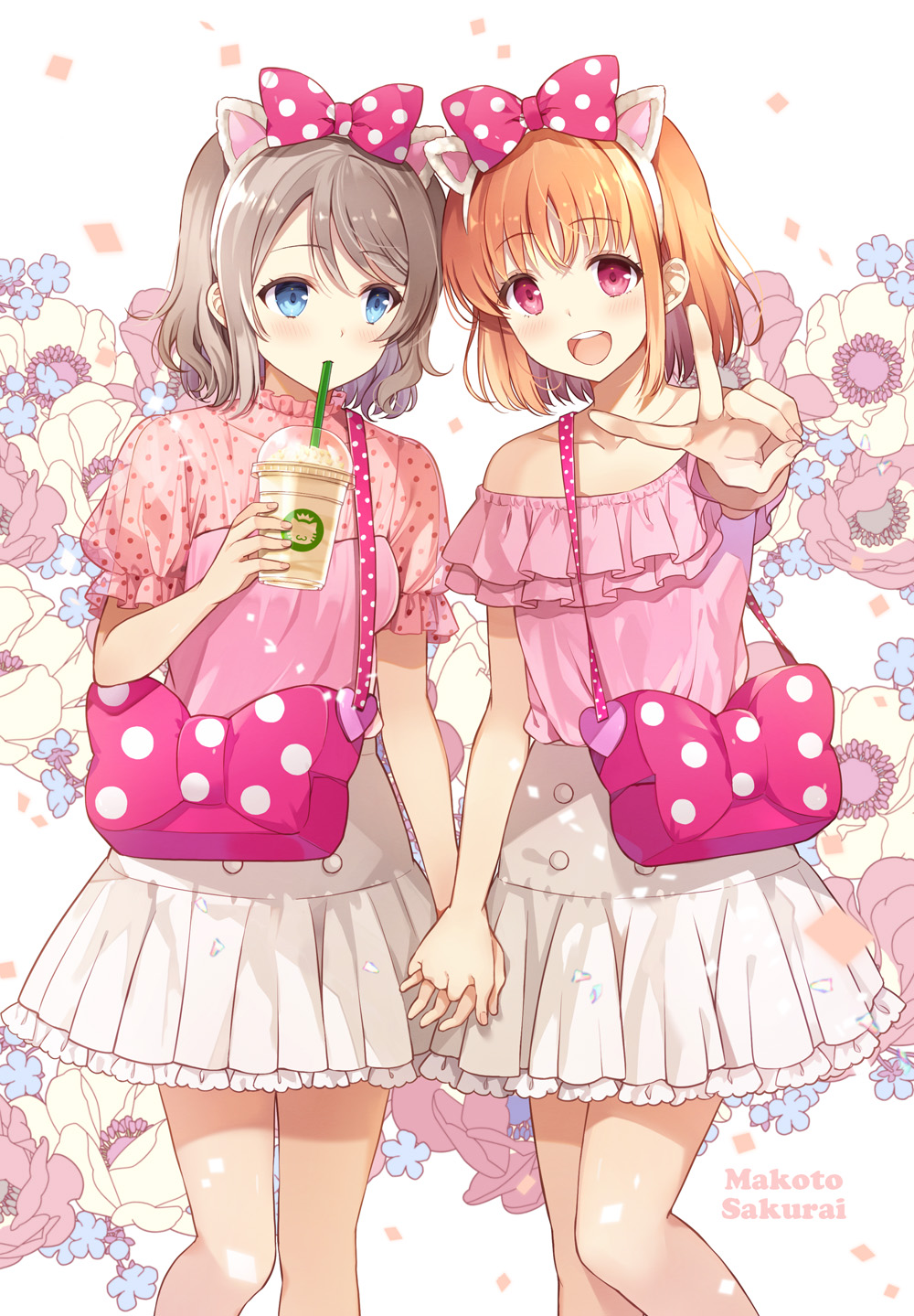 2girls animal_ears artist_name bag bare_legs blouse blue_eyes blue_flower bow collarbone commentary cover_image cup diamond_(shape) disposable_cup drink drinking_straw drinking_straw_in_mouth eyebrows_visible_through_hair fake_animal_ears feet_out_of_frame flower frilled_skirt frills grey_hair hair_bow hand_up highres holding holding_drink holding_hands interlocked_fingers light_blush looking_at_another looking_at_viewer love_live! love_live!_sunshine!! medium_hair mouth_hold multiple_girls off-shoulder_shirt off_shoulder open_mouth orange_hair pink_blouse pink_bow polka_dot polka_dot_bow purple_flower red_eyes sakurai_makoto_(custom_size) see-through shirt short_sleeves shoulder_bag skirt stalk_in_mouth takami_chika upper_teeth v watanabe_you white_background white_skirt yuri