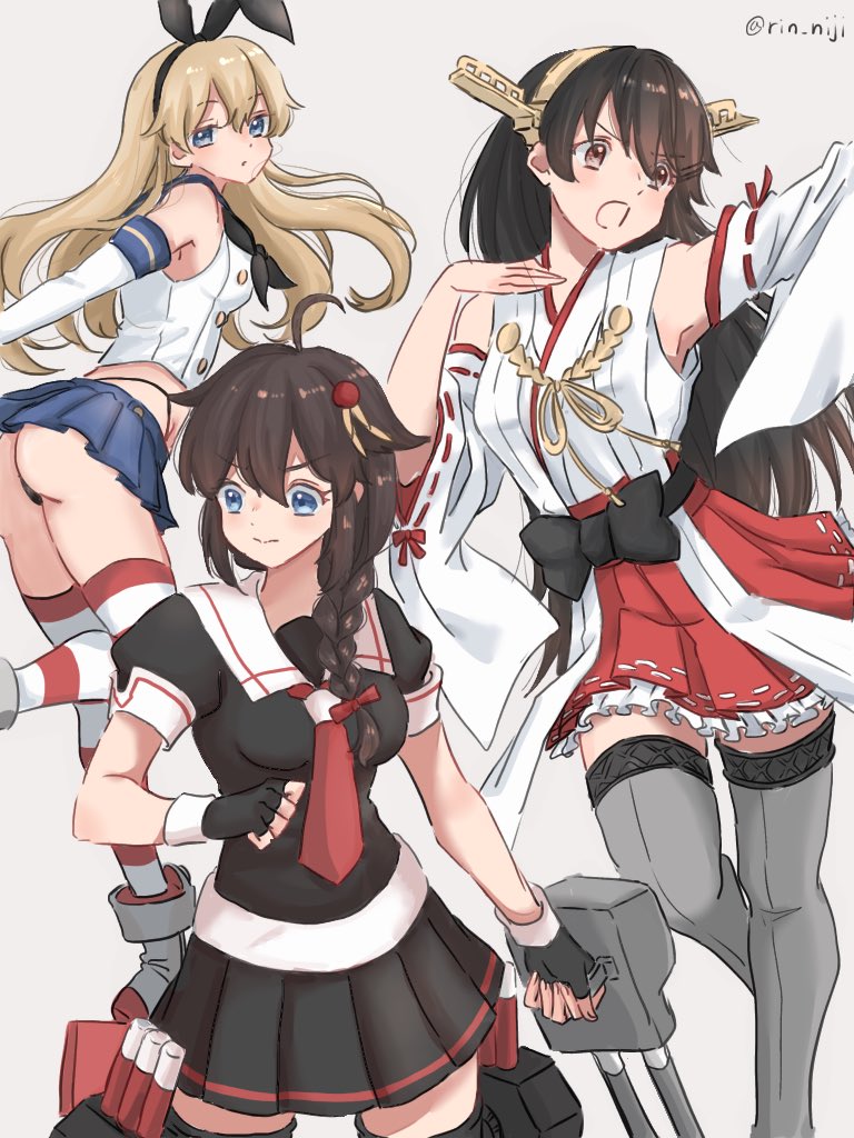 3girls adapted_turret ahoge anchor_hair_ornament black_hair black_hairband black_panties black_serafuku black_skirt blonde_hair blue_eyes blue_sailor_collar blue_skirt braid cannon commentary_request crop_top detached_sleeves elbow_gloves gloves grey_eyes grey_legwear hair_flaps hair_ornament hair_over_shoulder hairband hairclip haruna_(kancolle) headgear highleg highleg_panties japanese_clothes kantai_collection long_hair machinery microskirt miniskirt multiple_girls necktie panties pleated_skirt red_neckwear red_skirt remodel_(kantai_collection) ribbon-trimmed_sleeves ribbon_trim rin_(rin_niji) sailor_collar school_uniform serafuku shigure_(kancolle) shimakaze_(kancolle) single_braid skirt striped striped_legwear thighhighs thong torpedo_launcher turret twitter_username underwear white_gloves white_sailor_collar