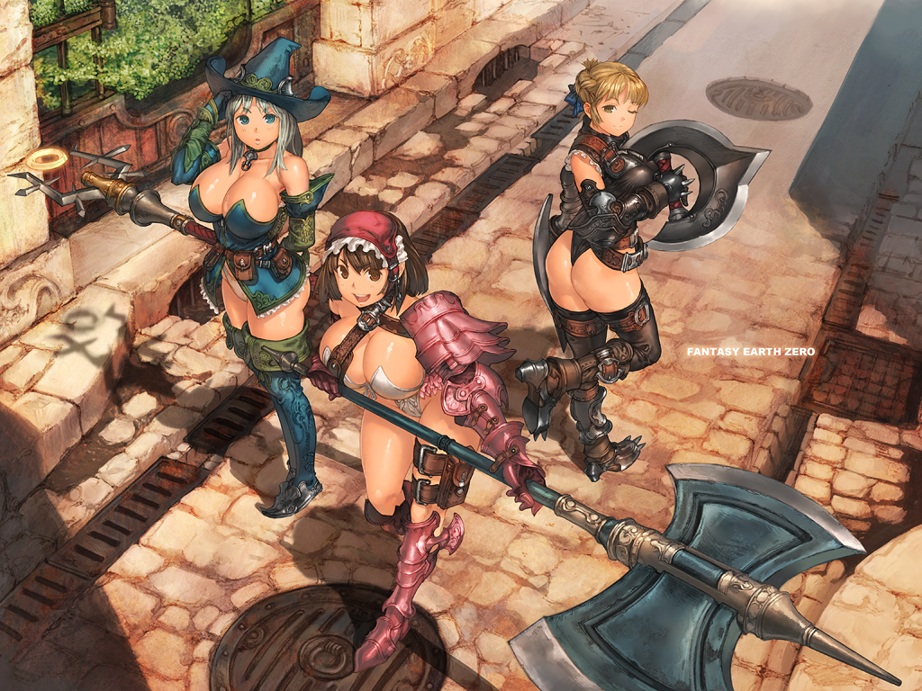 armor ass axe bare_shoulders battle_axe belt blonde_hair blue_eyes boots breasts brown_eyes brown_hair chakram collar elbow_gloves fantasy_earth fantasy_earth_zero gauntlets gloves greaves halberd hat huge_breasts kanda_(ura-kanda) knife large_breasts mage multiple_girls one_eye_closed outdoors polearm ribbon silver_hair staff sunset thigh_boots thigh_strap thighhighs twilight utility_belt wallpaper warrior_(fantasy_earth) weapon white_hair windfire_wheel witch witch_hat yellow_eyes