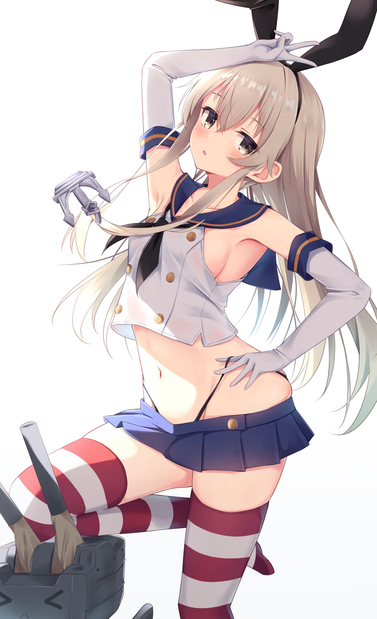 1girl anchor_hair_ornament black_hairband black_neckwear black_panties blonde_hair blue_sailor_collar blue_skirt breasts cowboy_shot crop_top elbow_gloves gloves grey_eyes hair_ornament hairband hand_on_hip highleg highleg_panties highres kantai_collection long_hair microskirt midriff miniskirt miso_(misomiso_154) neckerchief panties pleated_skirt rensouhou-chan sailor_collar shimakaze_(kancolle) simple_background skirt small_breasts solo standing standing_on_one_leg striped striped_legwear thighhighs underwear white_background white_gloves