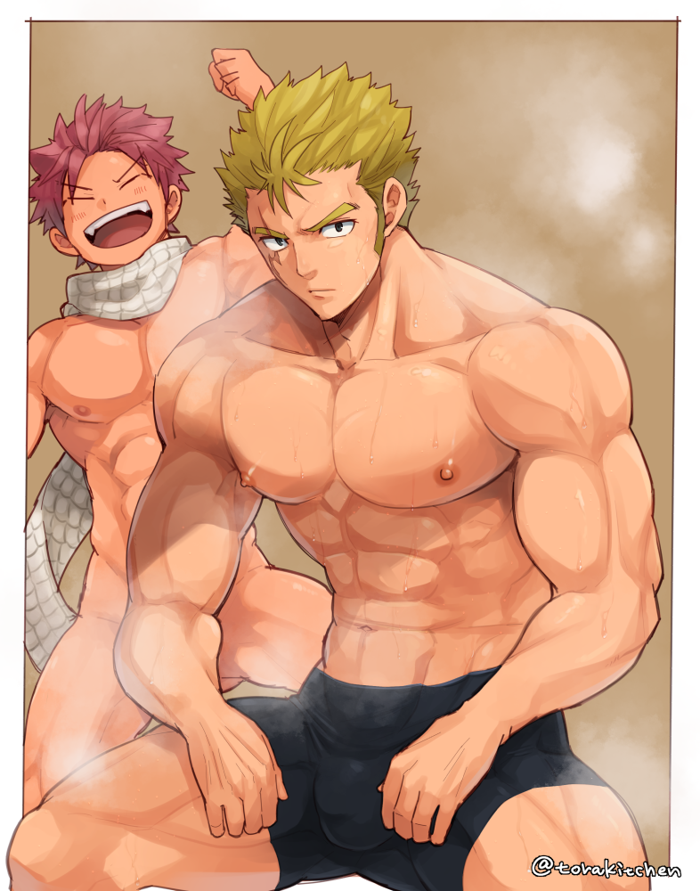 2boys abs bara blonde_hair blush boxers bulge completely_nude convenient_arm fairy_tail laxus_dreyar long_sideburns male_focus male_underwear multiple_boys muscular muscular_male naked_scarf natsu_dragneel navel nipples nude pectorals scar scar_across_eye scarf short_hair sideburns sitting smile spread_legs steam stomach toned toned_male torakichi_(ebitendon) underwear underwear_only