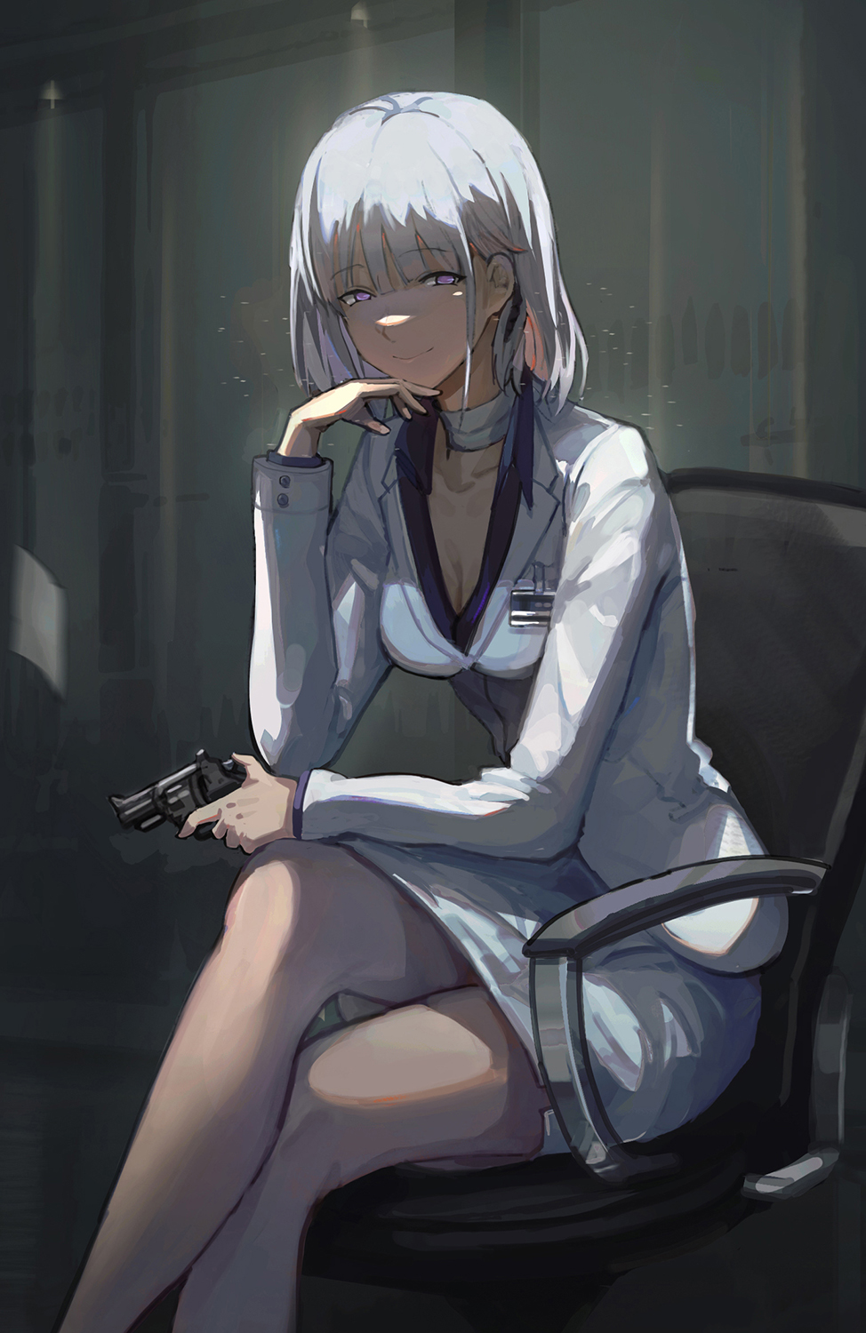 1girl bandaged_neck bare_legs breasts business_suit chair cleavage closed_mouth collarbone crossed_legs eyebrows_visible_through_hair formal girls'_frontline gun highres holding holding_gun holding_weapon legs looking_at_viewer mai_(xskdizzy) medium_breasts medium_hair office office_chair office_lady paper purple_eyes rpk-16_(girls'_frontline) silver_hair simple_background sitting smile solo suit weapon white_suit window