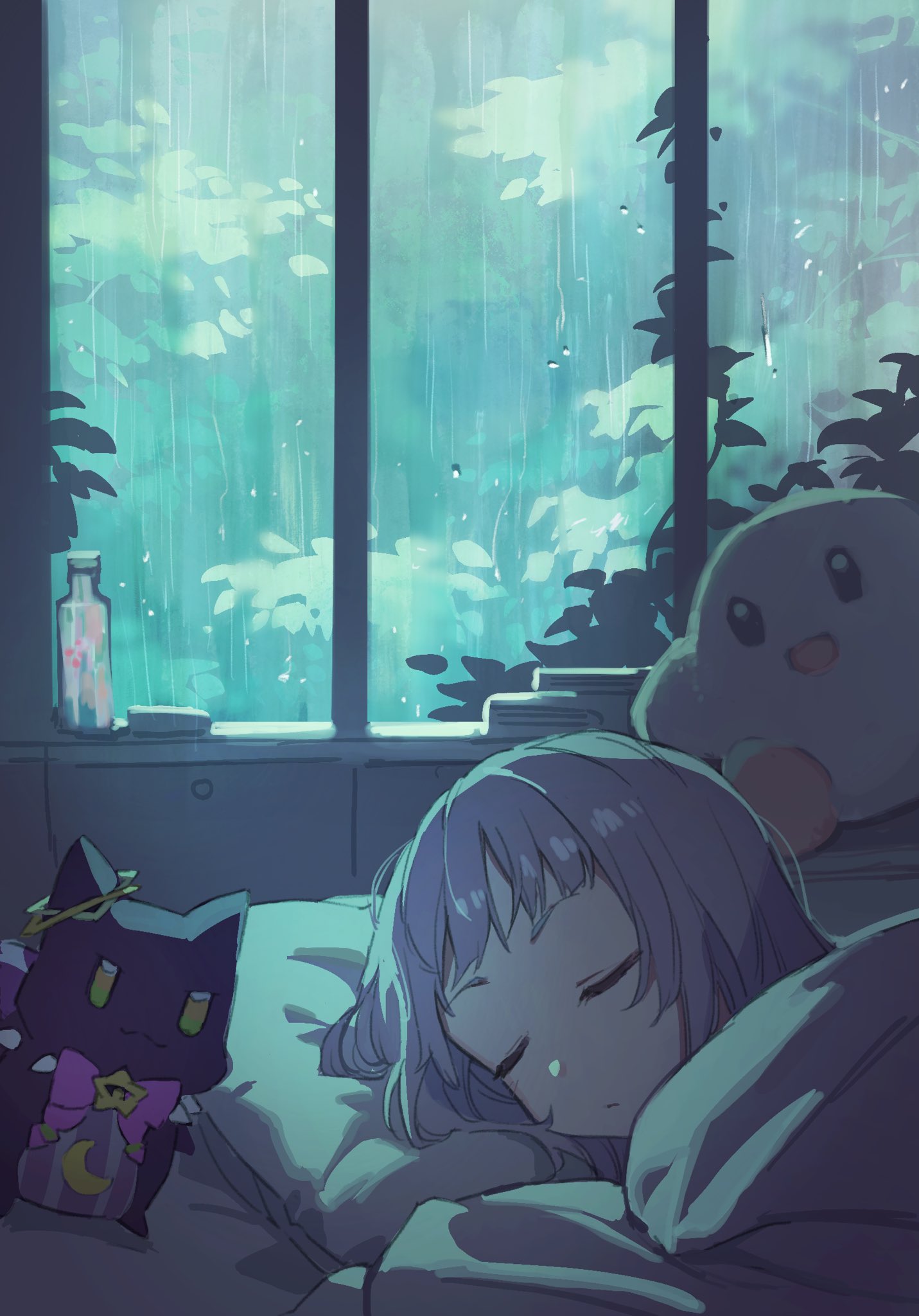 1girl bottle closed_eyes closed_mouth commentary english_commentary highres hololive indoors kirby kirby_(series) murasaki_shion pillow plant rain shiokko_(murasaki_shion) silver_hair sleeping solo stuffed_toy tugo under_covers virtual_youtuber window