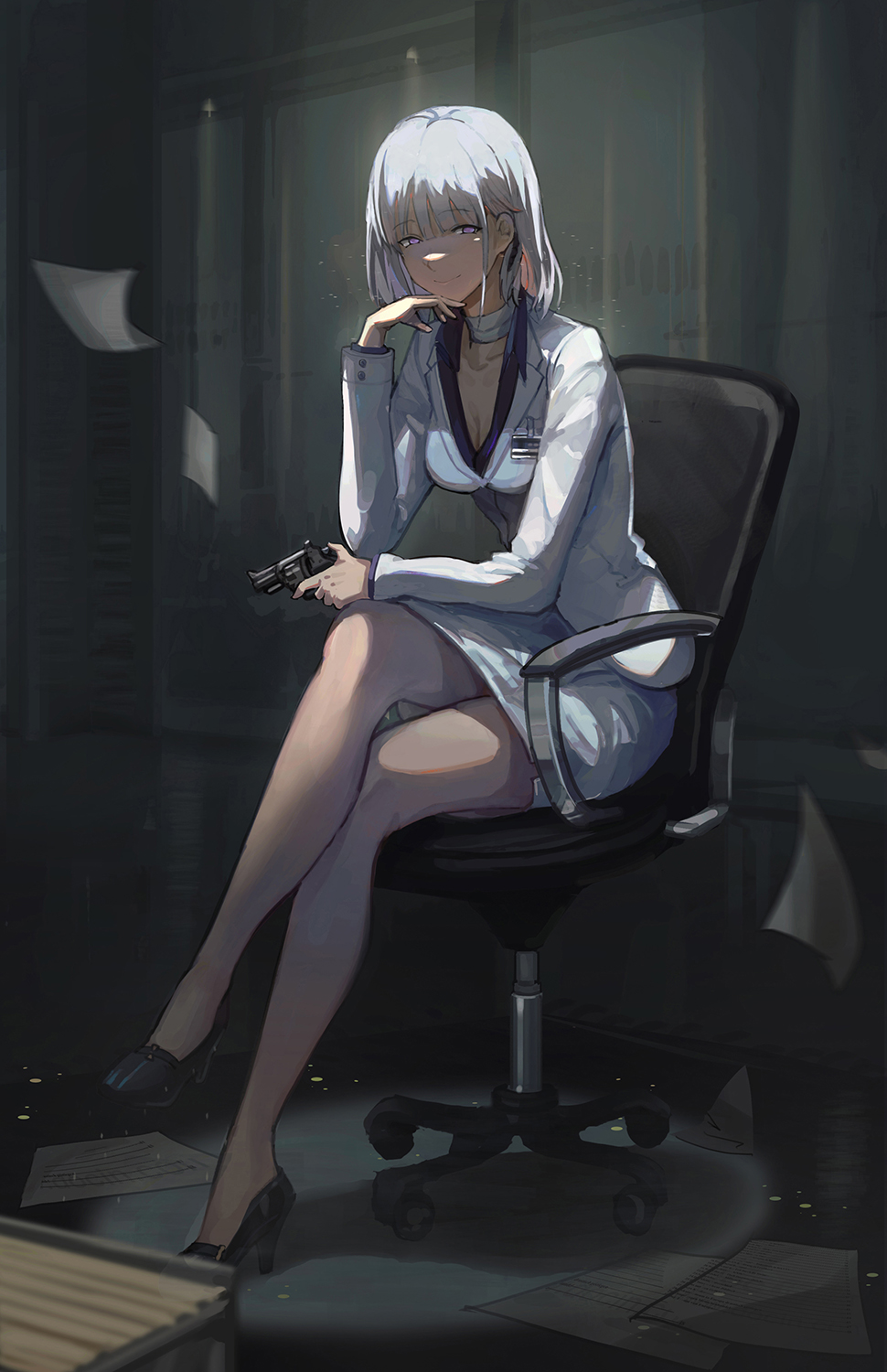 1girl bandaged_neck bare_legs black_footwear breasts business_suit chair cleavage closed_mouth collarbone crossed_legs eyebrows_visible_through_hair formal girls'_frontline gun high_heels highres holding holding_gun holding_weapon legs looking_at_viewer mai_(xskdizzy) medium_breasts medium_hair office office_chair office_lady paper purple_eyes rpk-16_(girls'_frontline) silver_hair simple_background sitting smile solo suit weapon white_suit window