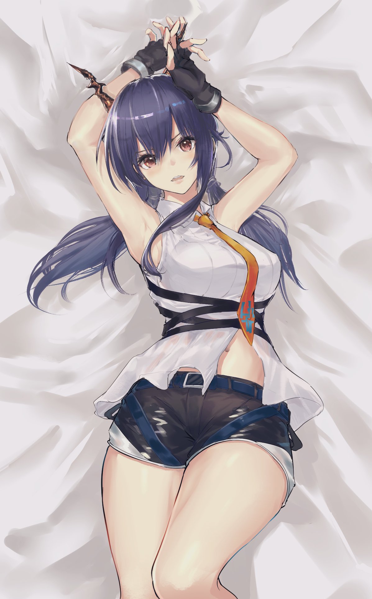 1girl arknights armpits arms_up bed_sheet black_gloves black_shorts blue_hair blush breasts ch'en_(arknights) collared_shirt commentary cowboy_shot dragon_horns drmaho1 fingerless_gloves from_above gloves hair_between_eyes highres horns large_breasts lips long_hair looking_at_viewer lying midriff navel necktie on_back open_mouth orange_neckwear red_eyes shirt short_shorts shorts sleeveless sleeveless_shirt solo thighs twintails white_shirt wing_collar