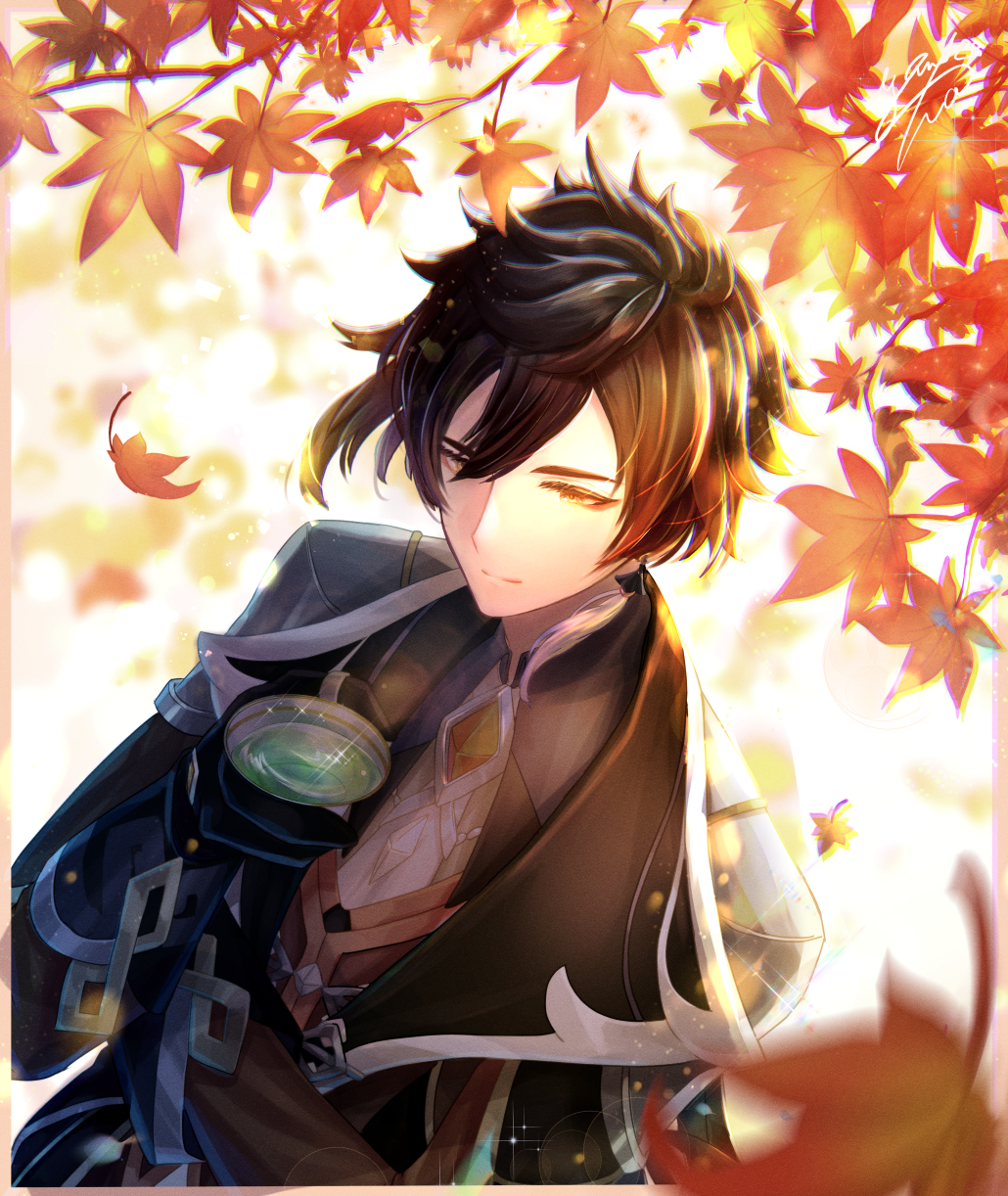 1boy autumn_leaves bangs black_gloves brown_hair closed_mouth collared_shirt commentary_request crossed_arms cup dappled_sunlight eyeliner eyeshadow falling_leaves formal from_above genshin_impact gloves gradient_hair hair_between_eyes highres holding holding_cup jacket jewelry leaf light_particles long_hair long_sleeves makeup male_focus maple_leaf multicolored_hair necktie orange_hair ponytail red_eyeshadow shirt solo sparkle suit sunlight tea teacup thumb_ring towako_towatowa yellow_eyes zhongli_(genshin_impact)