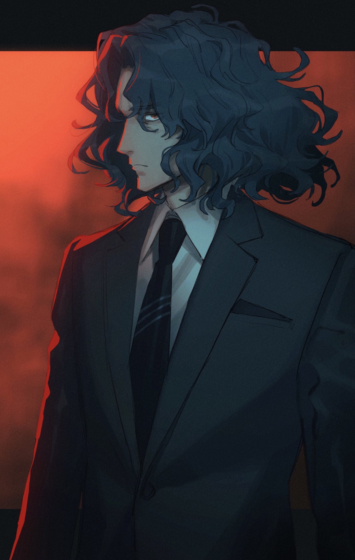 1boy bags_under_eyes black_hair blue_hair brown_eyes expressionless fate/grand_order fate_(series) formal highres jitome letterboxed long_hair mosako necktie profile saitou_hajime_(fate) solo suit wavy_hair