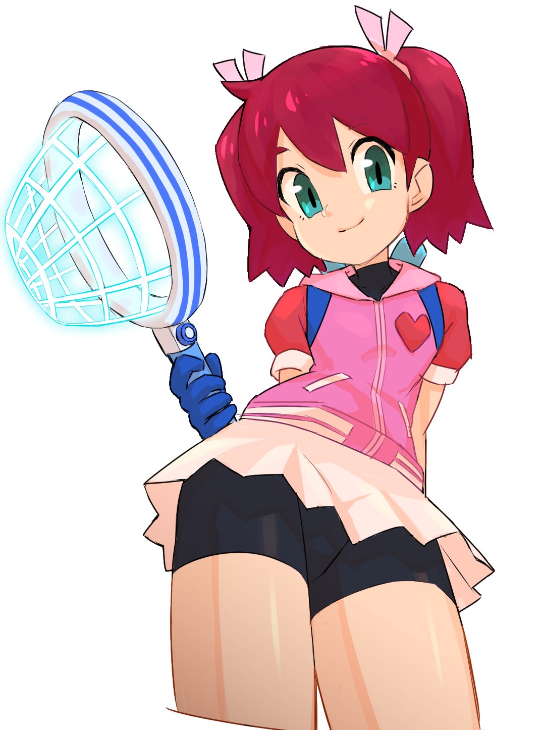 1girl ahoge black_shorts blue_gloves closed_mouth eyebrows eyebrows_visible_through_hair from_below gloves green_eyes hair_ribbon heart highres holding looking_at_viewer miniskirt net nyonn24 pink_ribbon pleated_skirt red_hair ribbon saru_getchu sayaka_(saru_getchu) short_hair short_sleeves shorts shorts_under_skirt simple_background skirt smile solo standing twintails upskirt white_background white_skirt