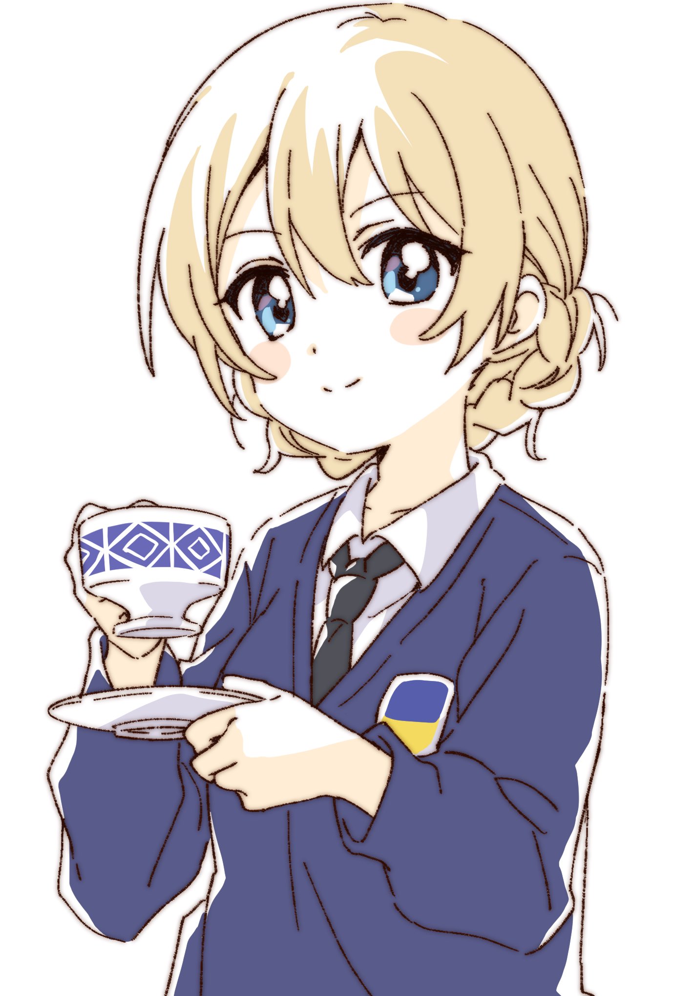 1girl bangs black_neckwear blonde_hair blue_eyes blue_sweater braid closed_mouth cup darjeeling_(girls_und_panzer) dress_shirt emblem girls_und_panzer highres holding holding_cup long_sleeves looking_at_viewer namori necktie school_uniform shirt short_hair simple_background smile solo st._gloriana's_school_uniform sweater teacup tied_hair twin_braids upper_body v-neck white_background white_shirt wing_collar