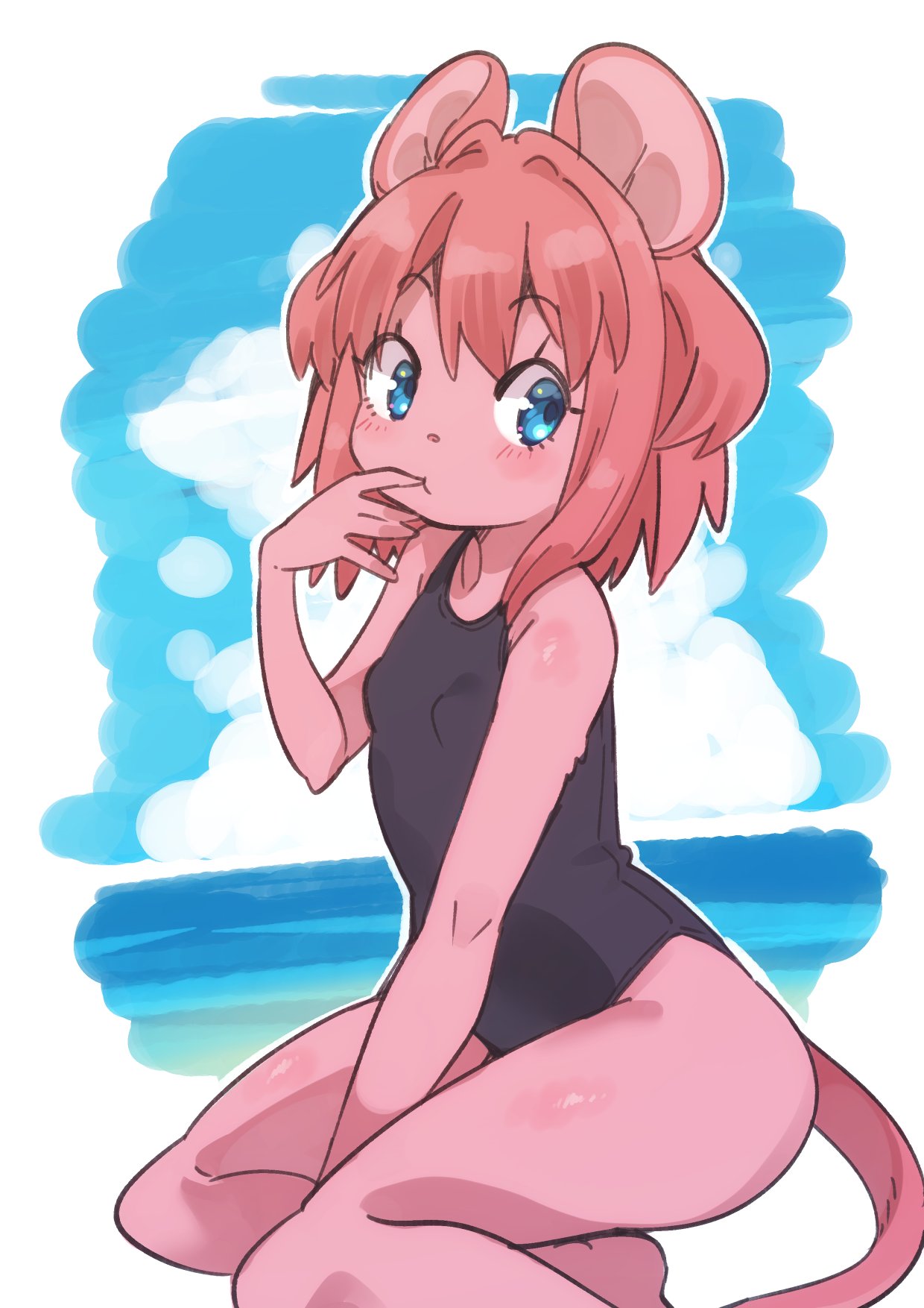 1girl animal_ears beach black_swimsuit blue_eyes cloud finger_to_mouth furry hand_to_own_mouth highres mouse_ears mouse_girl mouse_girl_(yuuki_(yuyuki000)) mouse_tail ocean one-piece_swimsuit original outdoors pink_hair school_swimsuit short_hair sitting sky solo swimsuit tail thighs yuuki_(yuyuki000)